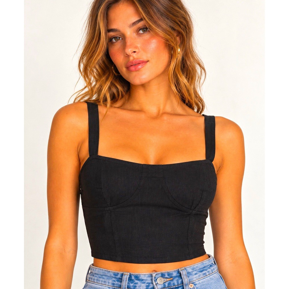 House of Harlow 1960 Black Linen Blend Corset Bustier Crop Top Size L Y2K